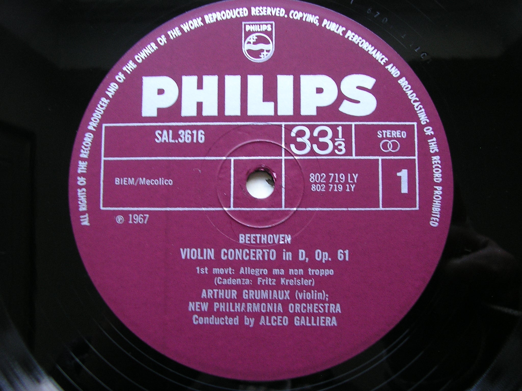 BEETHOVEN: VIOLIN CONCERTO    GRUMIAUX / NEW PHILHARMONIA / GALLIERA    SAL 3616