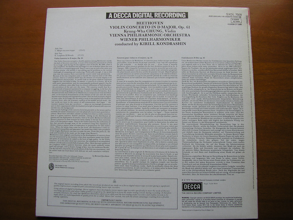 BEETHOVEN: VIOLIN CONCERTO      KYUNG WHA-CHUNG / VIENNA PHILHARMONIC / KONDRASHIN     SXDL 7508