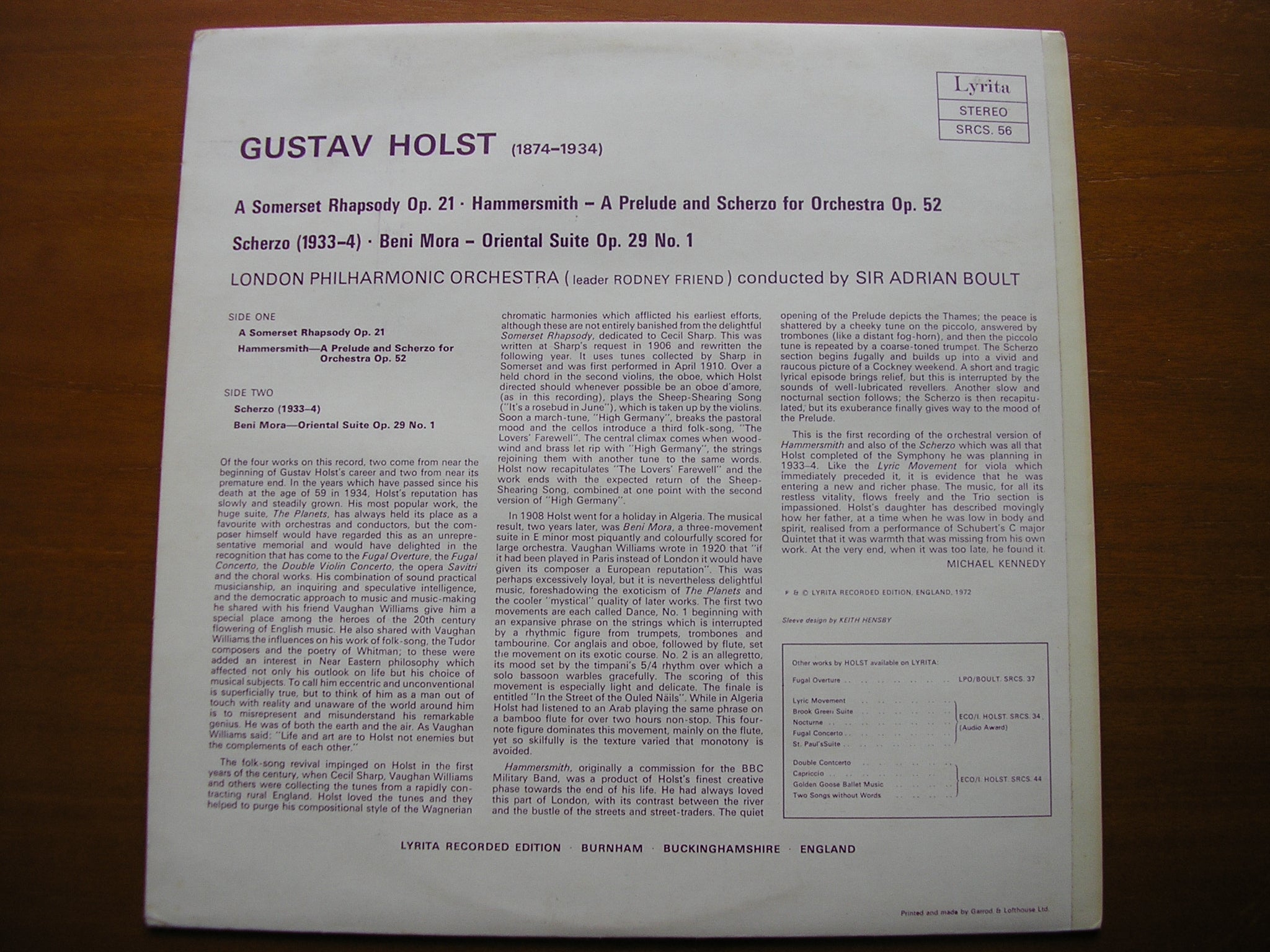 HOLST: A SOMERSET RHAPSODY / HAMMERSMITH / BENI MORA / SCHERZO   BOULT / LPO SRCS 56