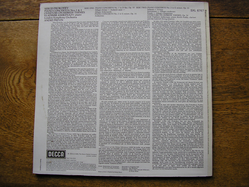 SXL 6767 PROKOFIEV: PIANO CONCERTOS Nos. 1 & 2 ASHKENAZY / LONDON SYMPHONY / PREVIN