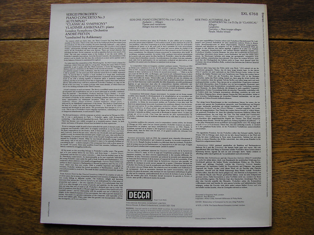 SXL 6768 PROKOFIEV: PIANO CONCERTO No. 3 / CLASSICAL SYMPHONY ASHKENAZY / LONDON SYMPHONY / PREVIN