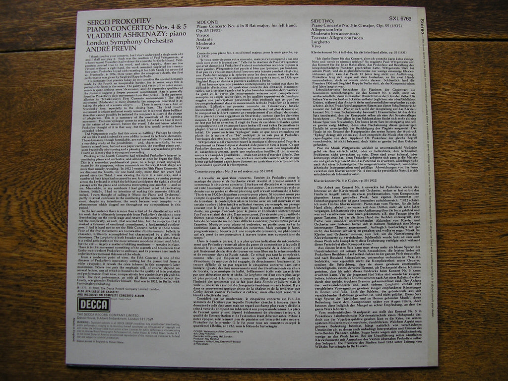 SXL 6769 PROKOFIEV: PIANO CONCERTOS Nos. 4 & 5 ASHKENAZY / LONDON SYMPHONY / PREVIN