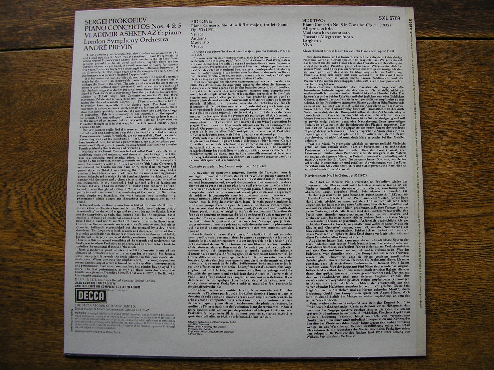 SXL 6769 PROKOFIEV: PIANO CONCERTOS Nos. 4 & 5 ASHKENAZY / LONDON SYMPHONY / PREVIN