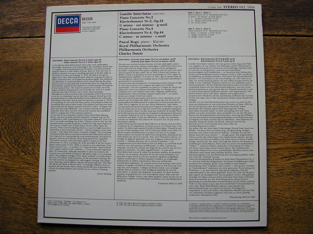 SXL 7008 SAINT - SAENS: PIANO CONCERTOS Nos. 2 & 4 PASCAL ROGE / ROYAL PHILHARMONIC / DUTOIT