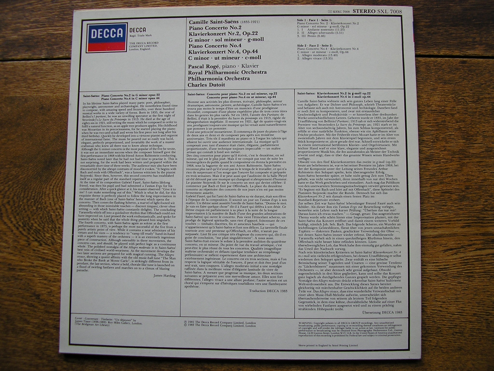 SXL 7008 SAINT - SAENS: PIANO CONCERTOS Nos. 2 & 4 PASCAL ROGE / ROYAL PHILHARMONIC / DUTOIT