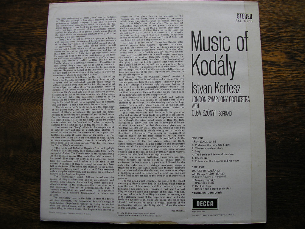 KODALY: HARY JANOS Suite / DANCES OF GALANTA      KERTESZ / LONDON SYMPHONY    SXL 6136