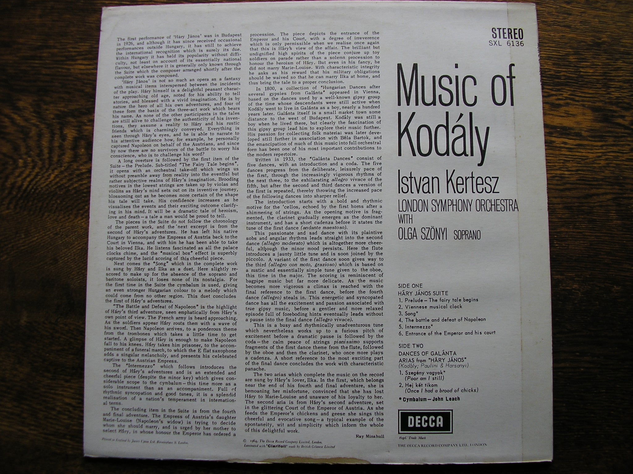 KODALY: HARY JANOS Suite / DANCES OF GALANTA      KERTESZ / LONDON SYMPHONY    SXL 6136