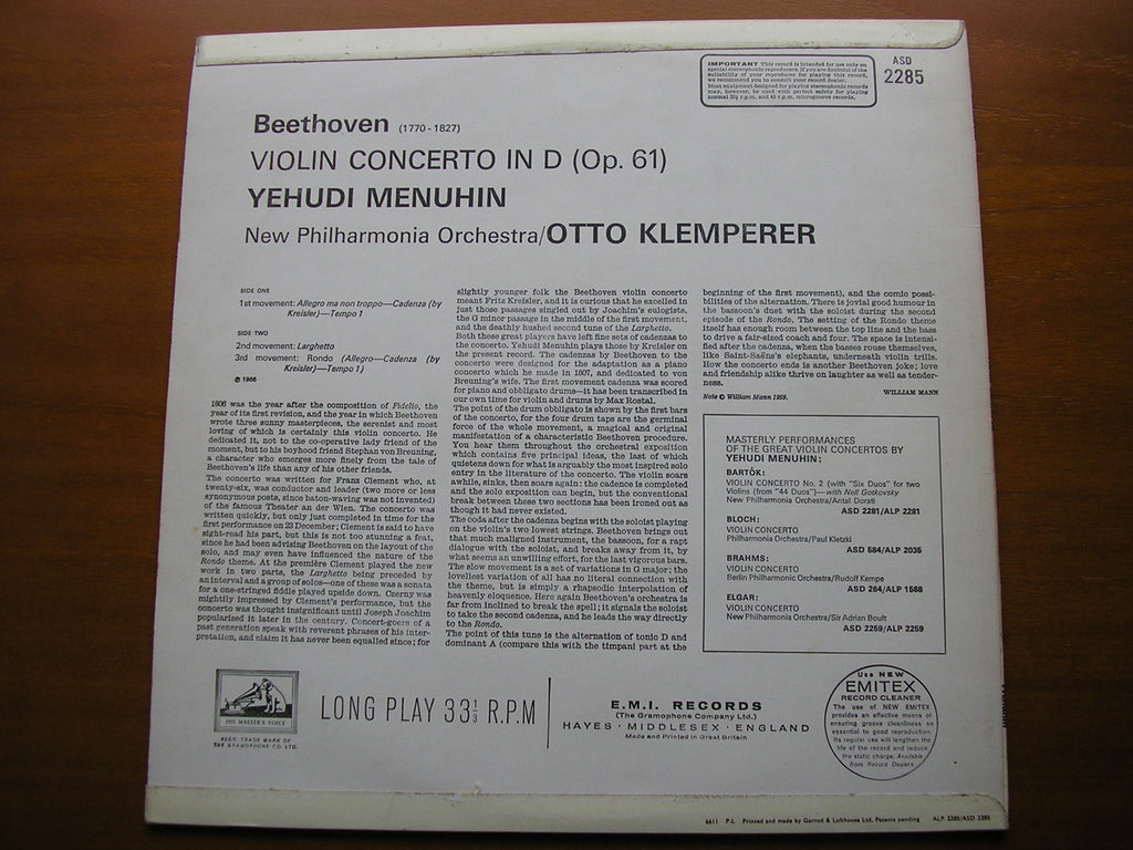 BEETHOVEN: VIOLIN CONCERTO     MENUHIN / NEW PHILHARMONIA / KLEMPERER      ASD 2285