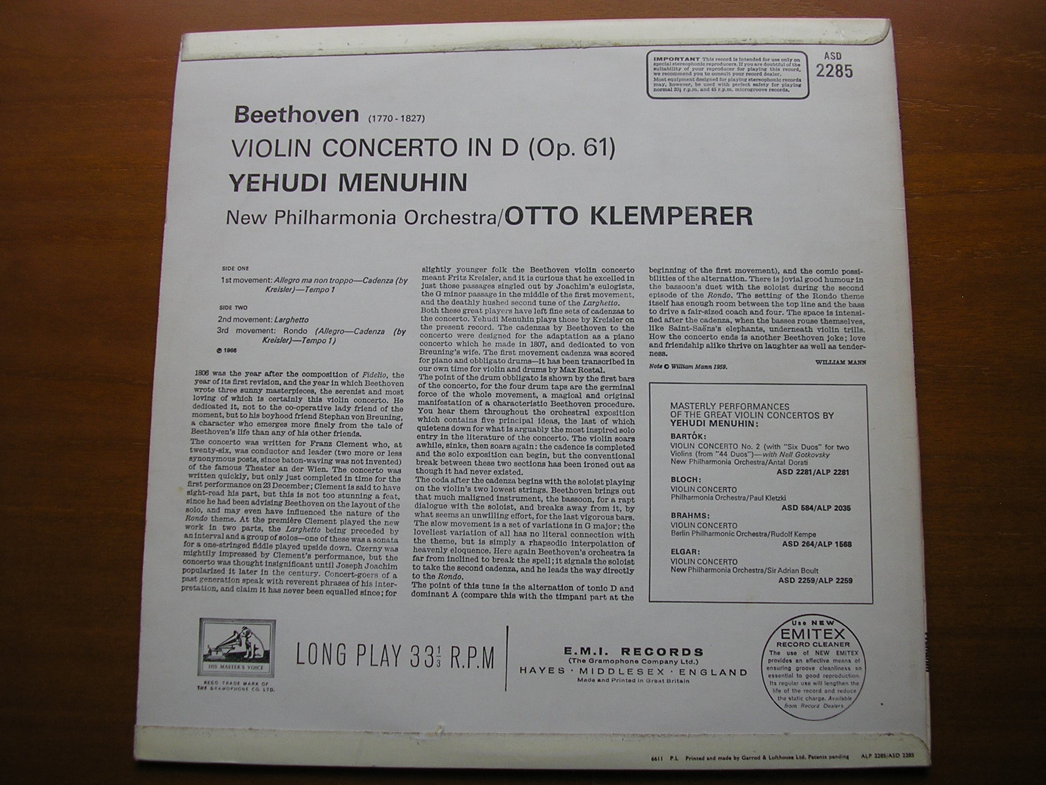 BEETHOVEN: VIOLIN CONCERTO     MENUHIN / NEW PHILHARMONIA / KLEMPERER      ASD 2285