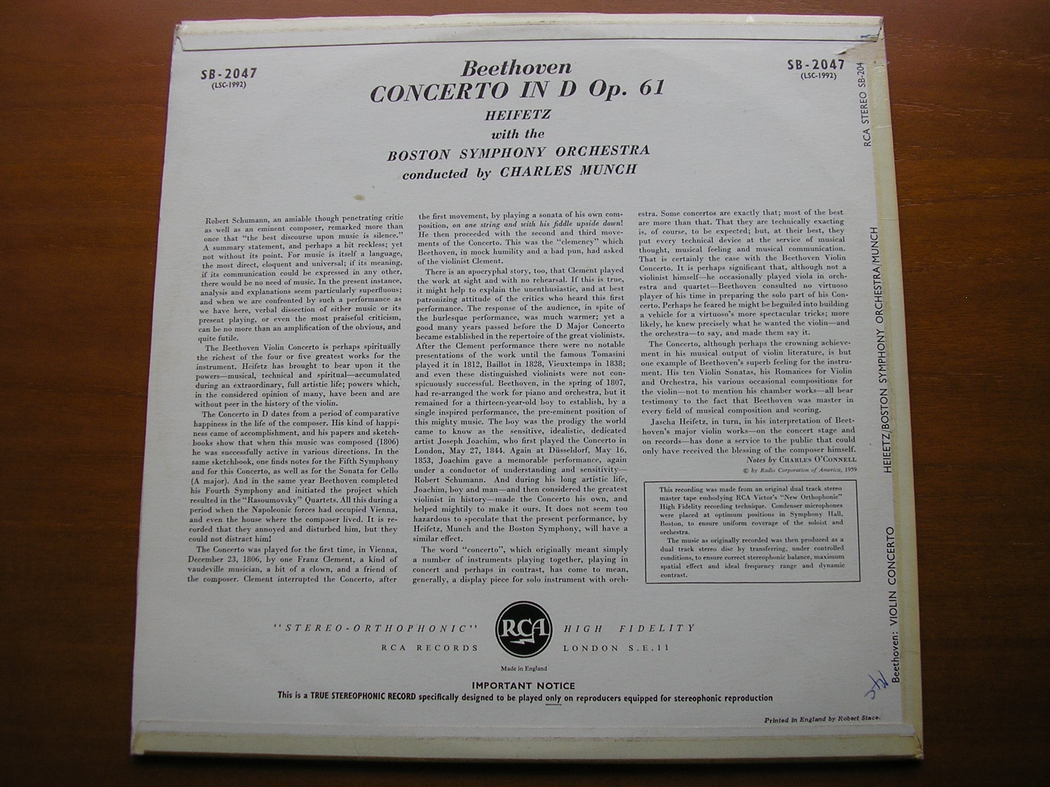 BEETHOVEN: VIOLIN CONCERTO     HEIFETZ / BOSTON SYMPHONY / MUNCH     SB 2047