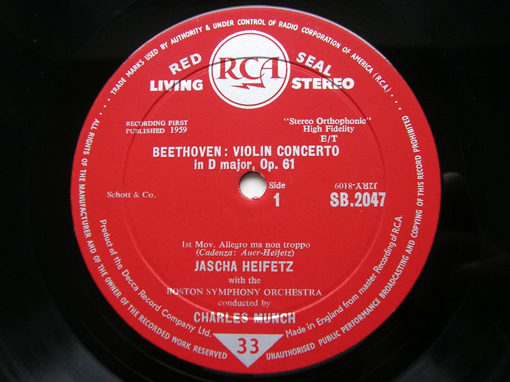 BEETHOVEN: VIOLIN CONCERTO     HEIFETZ / BOSTON SYMPHONY / MUNCH     SB 2047