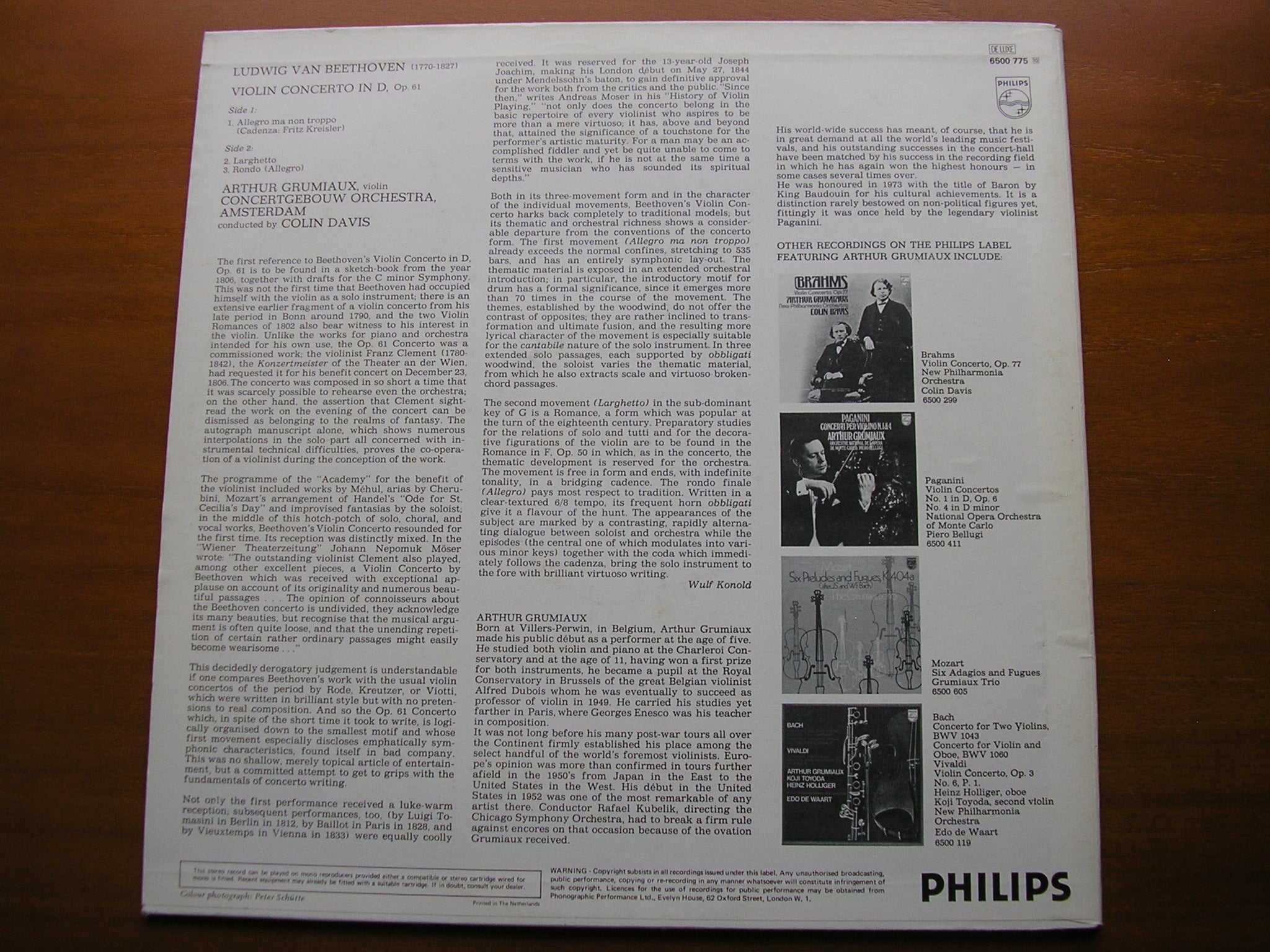 BEETHOVEN: VIOLIN CONCERTO       GRUMIAUX / CONCERTGEBOUW ORCHESTRA / DAVIS     6500 775
