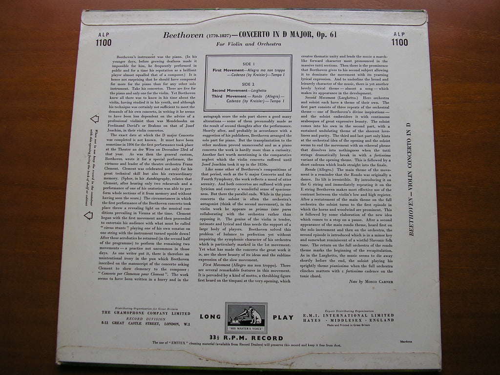 BEETHOVEN: VIOLIN CONCERTO        MENUHIN / PHILHARMONIA / FURTWANGLER     ALP 1100