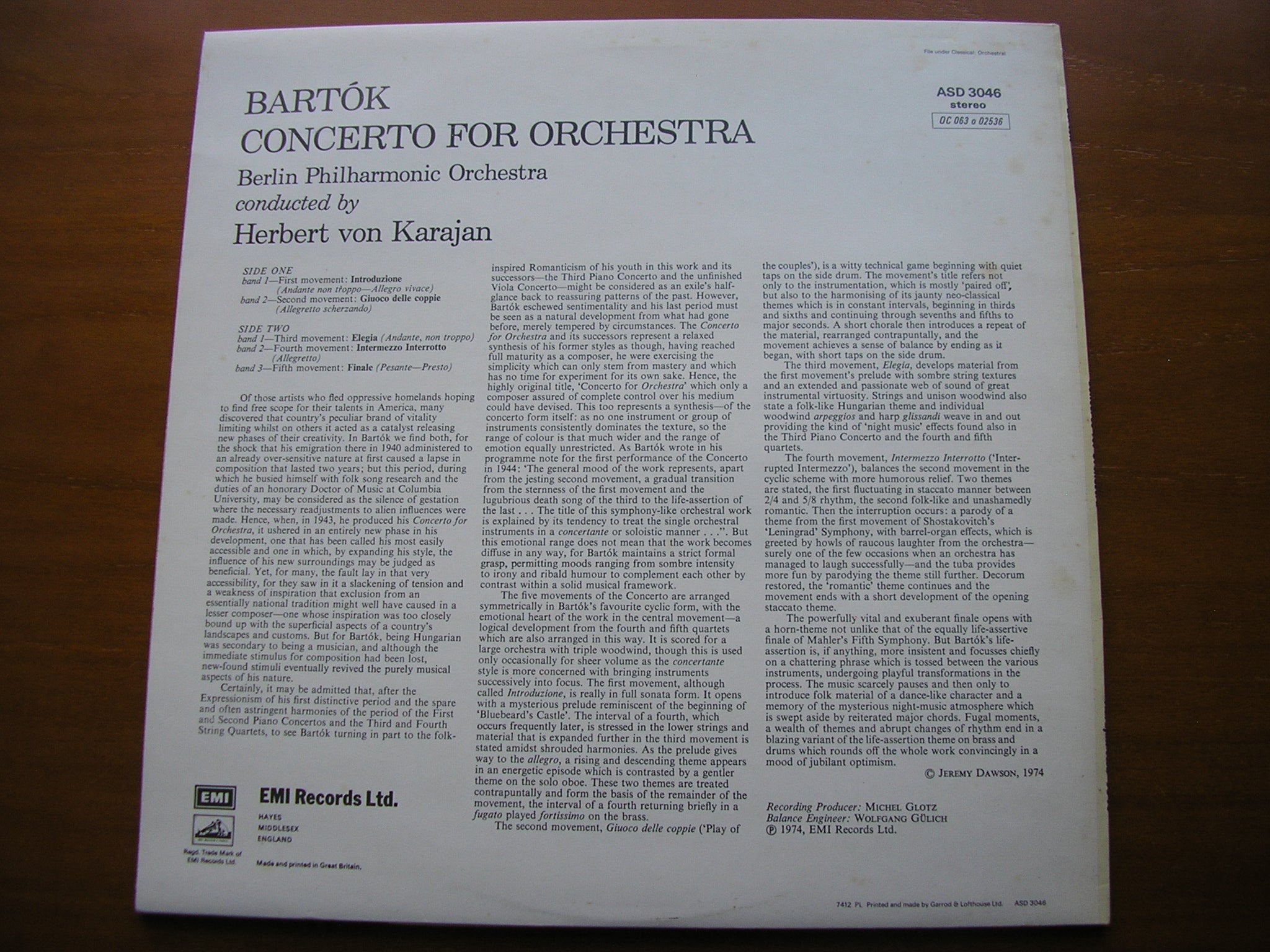 BARTOK: CONCERTO FOR ORCHESTRA     KARAJAN / BERLIN PHILHARMONIC    ASD 3046