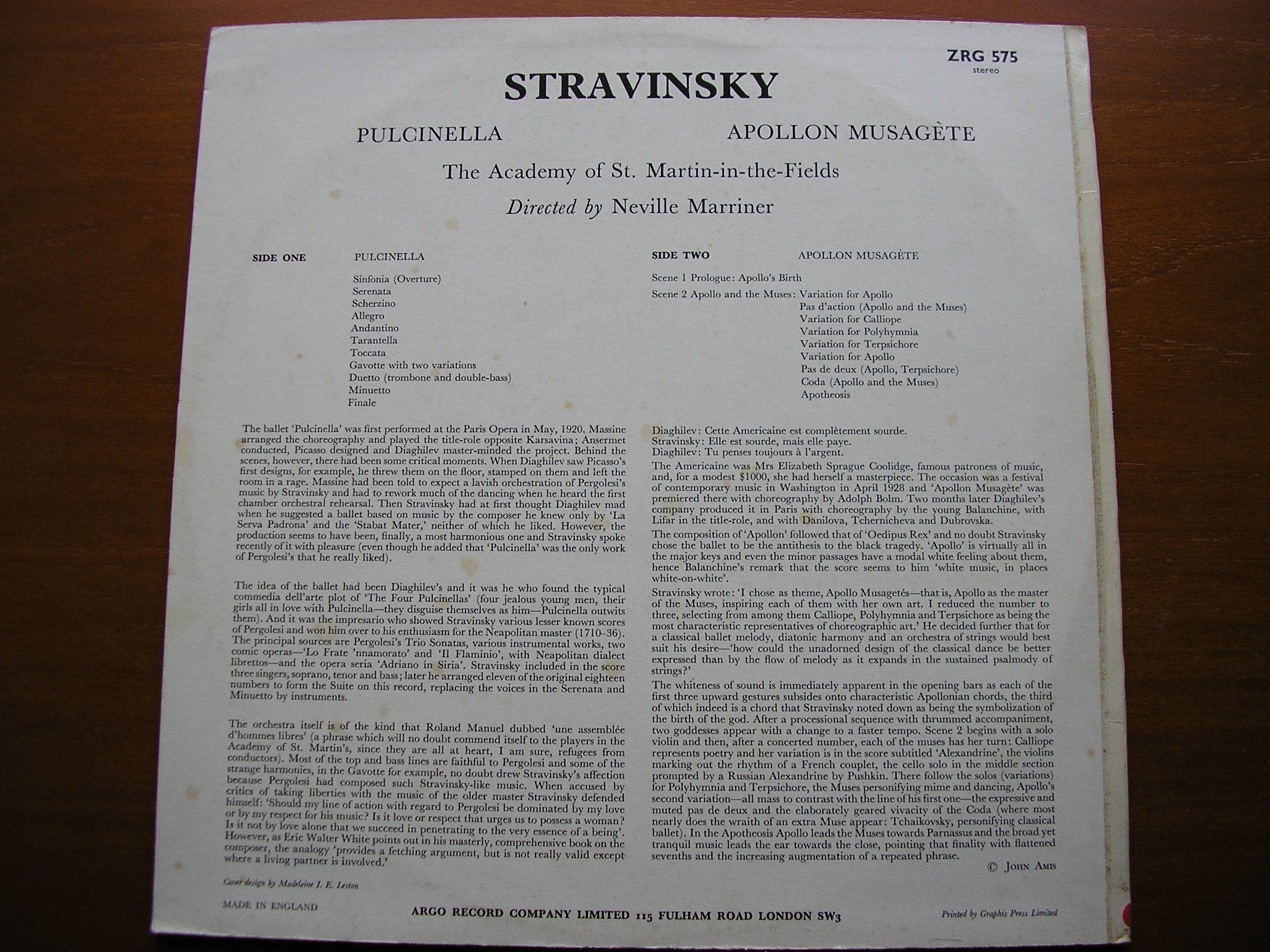STRAVINSKY: PULCINELLA / APOLLON MUSAGETE    MARRINER / ASMIF ZRG 575