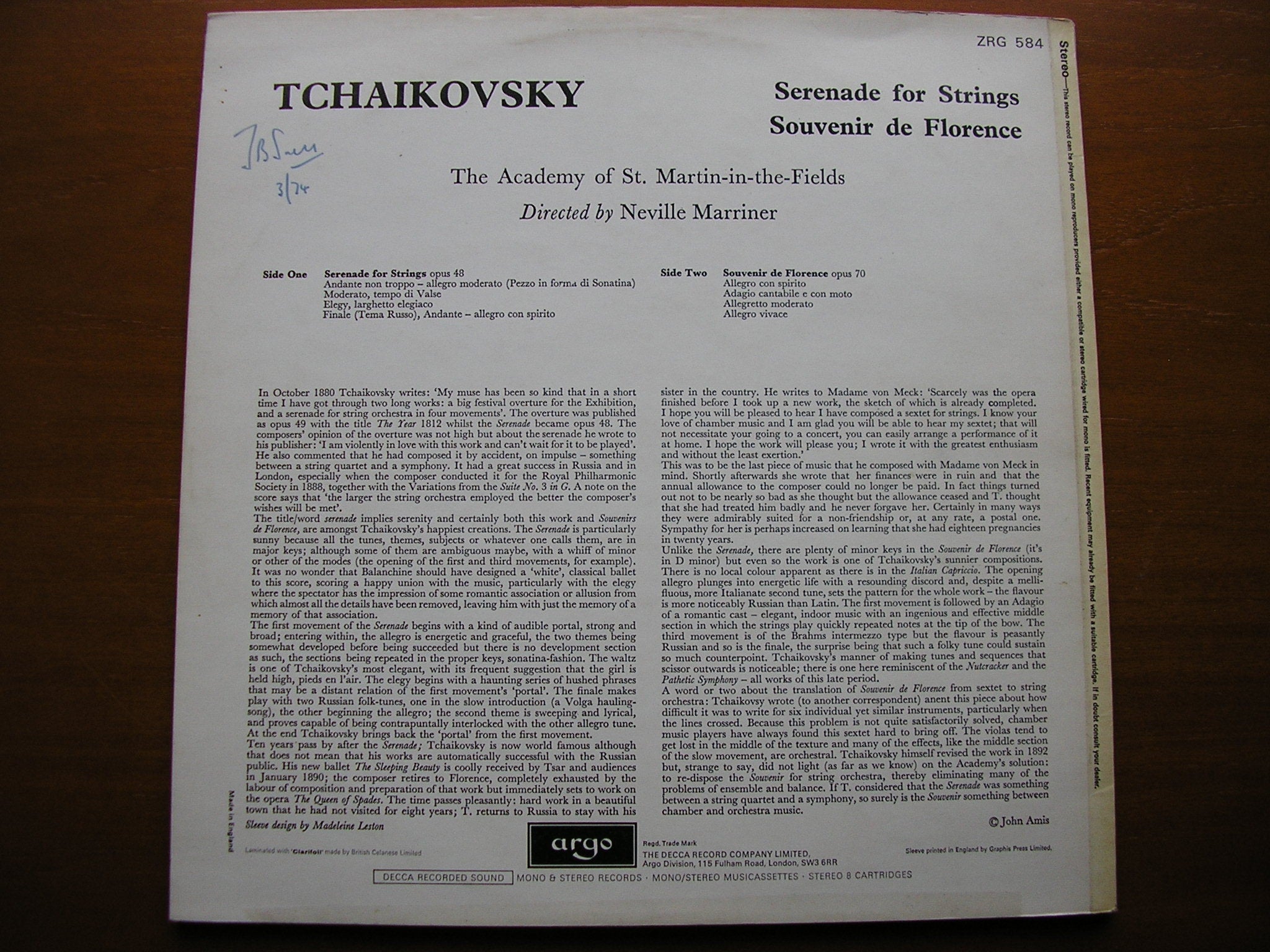 TCHAIKOVSKY: SERENADE FOR STRINGS / SOUVENIR DE FLORENCE   MARRINER / ASMIF   ZRG 584