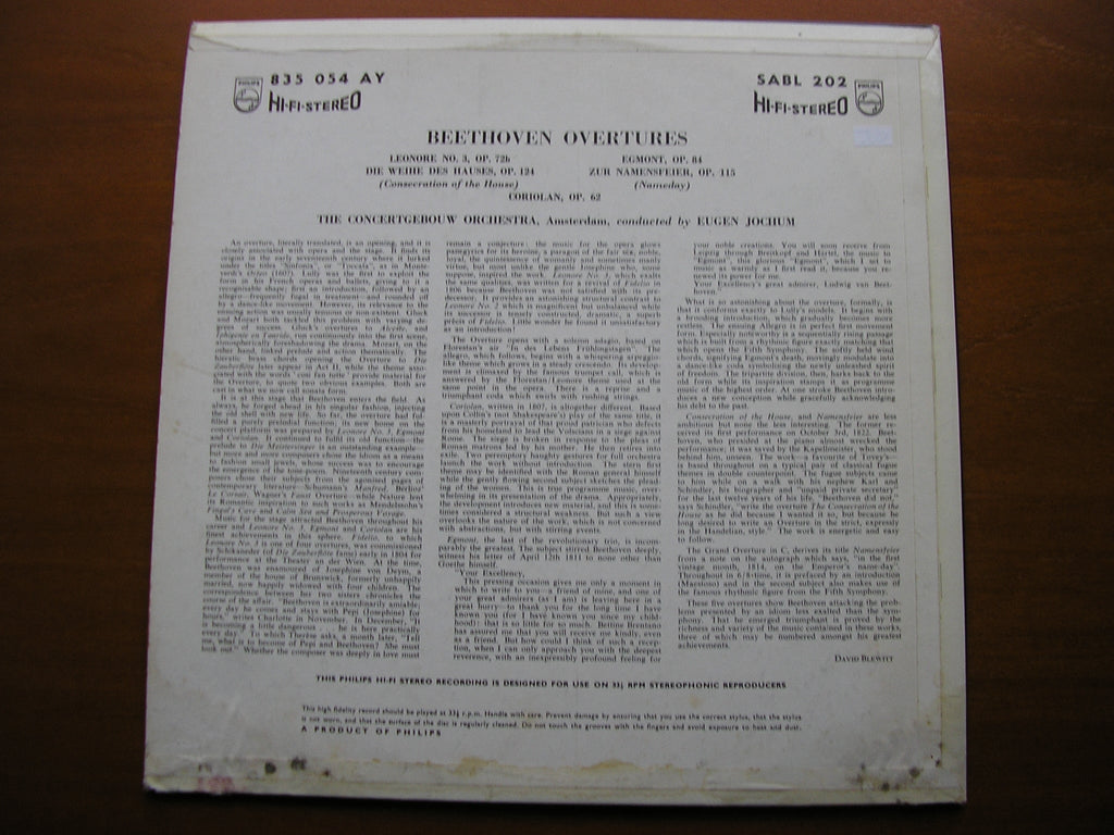 BEETHOVEN: FIVE OVERTURES     JOCHUM / CONCERTGEBOUW ORCHESTRA    SABL 202
