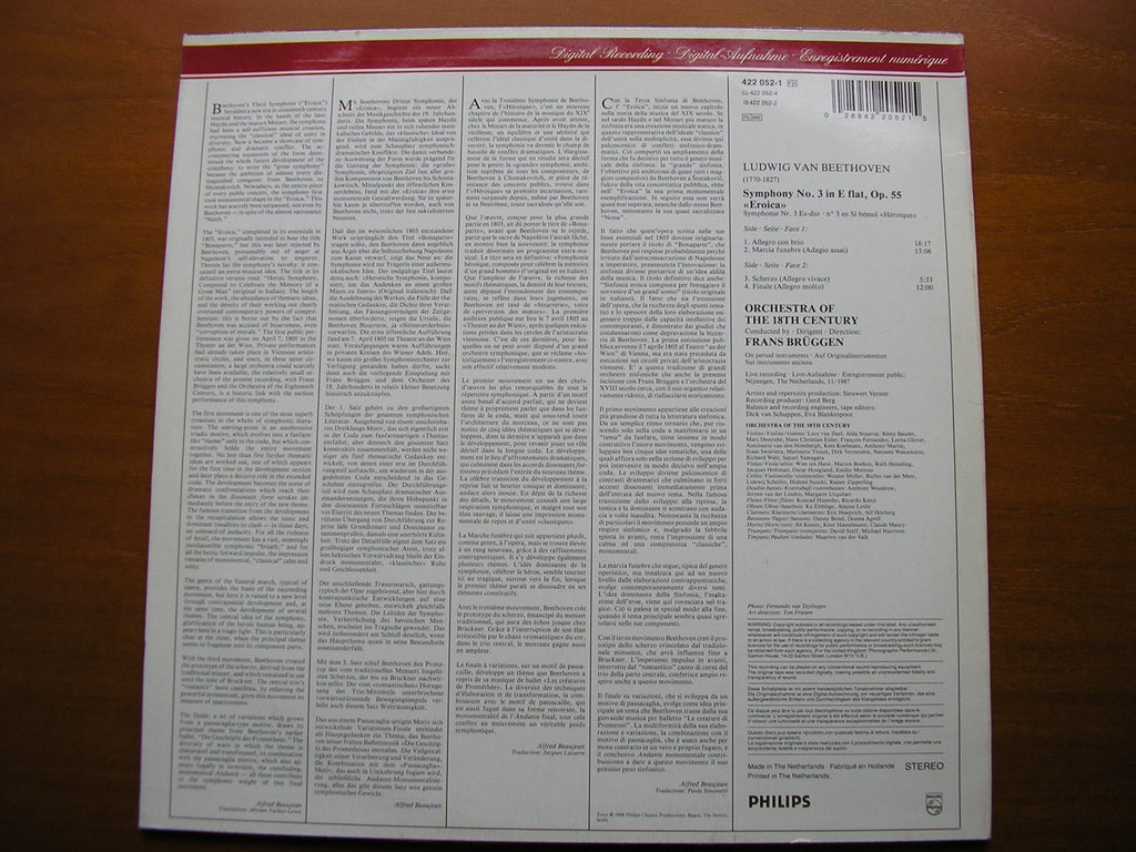 BEETHOVEN: SYMPHONY No. 3 'Eroica'      BRUGGEN / ORCHESTRA of the 18th CENTURY     422 052