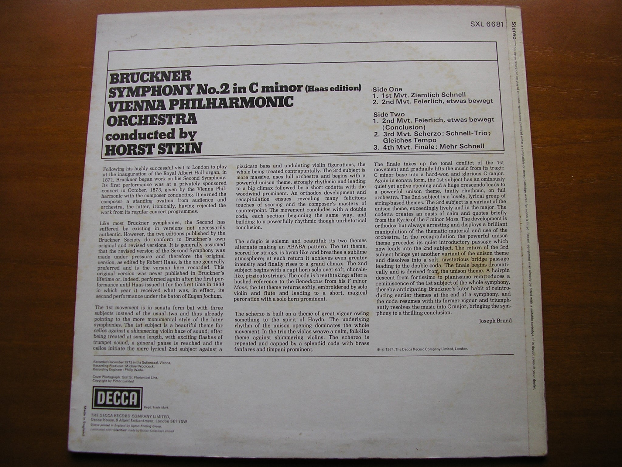 SXL 6681 BRUCKNER: SYMPHONY No. 2 STEIN / VIENNA PHILHARMONIC