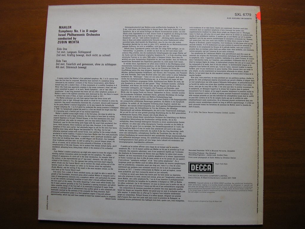SXL 6779 MAHLER: SYMPHONY No. 1 MEHTA / ISRAEL PHILHARMONIC