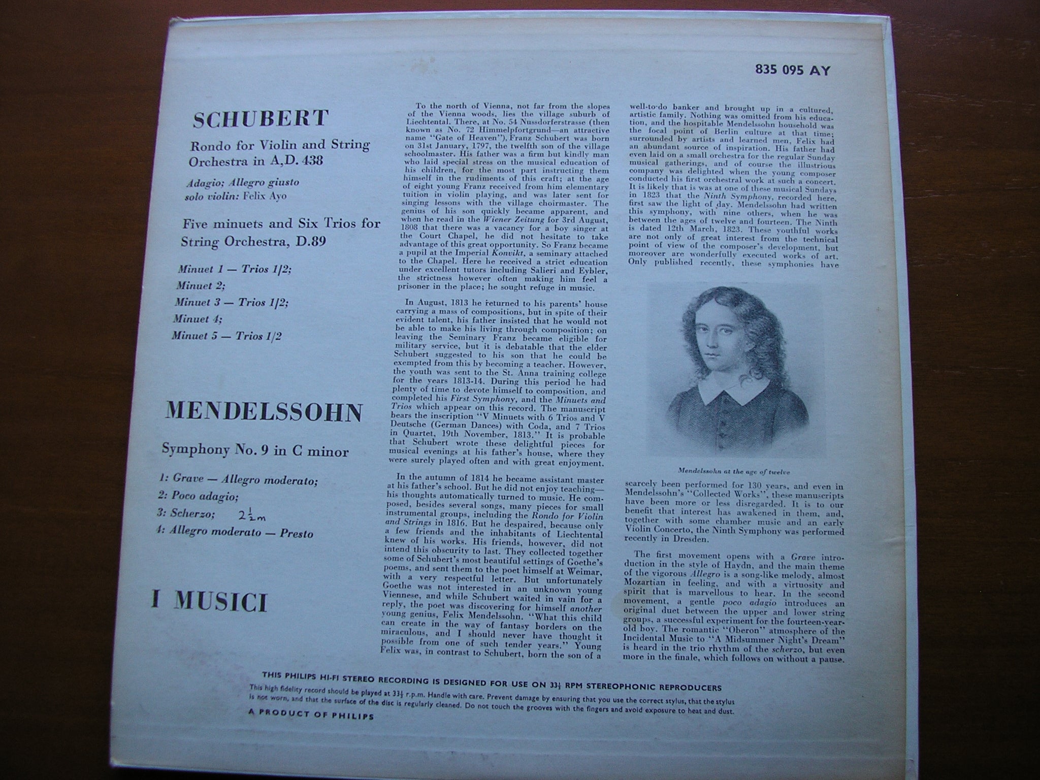 MENDELSSOHN: SYMPHONY No. 9 / SCHUBERT: RONDO D438 / 5 MINUETS & 6 TRIOS FOR STRING ORCHESTRA*     I MUSICI      835 095 AY