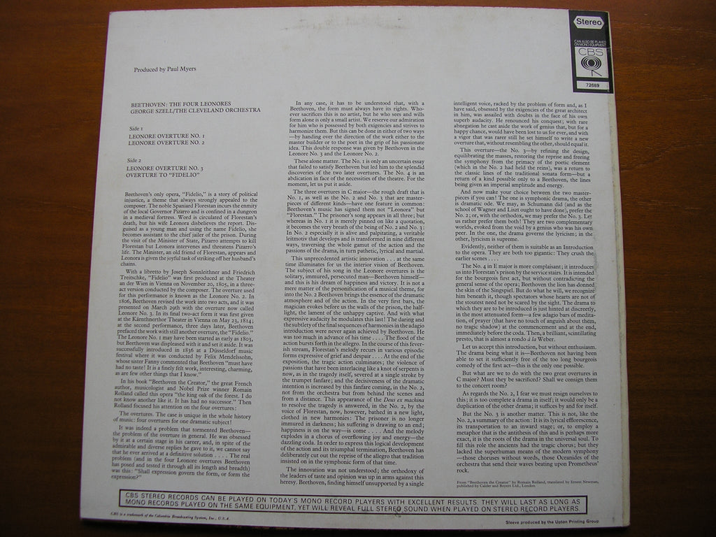 BEETHOVEN: THE FOUR LEONORES     SZELL / CLEVELAND ORCHESTRA     72689