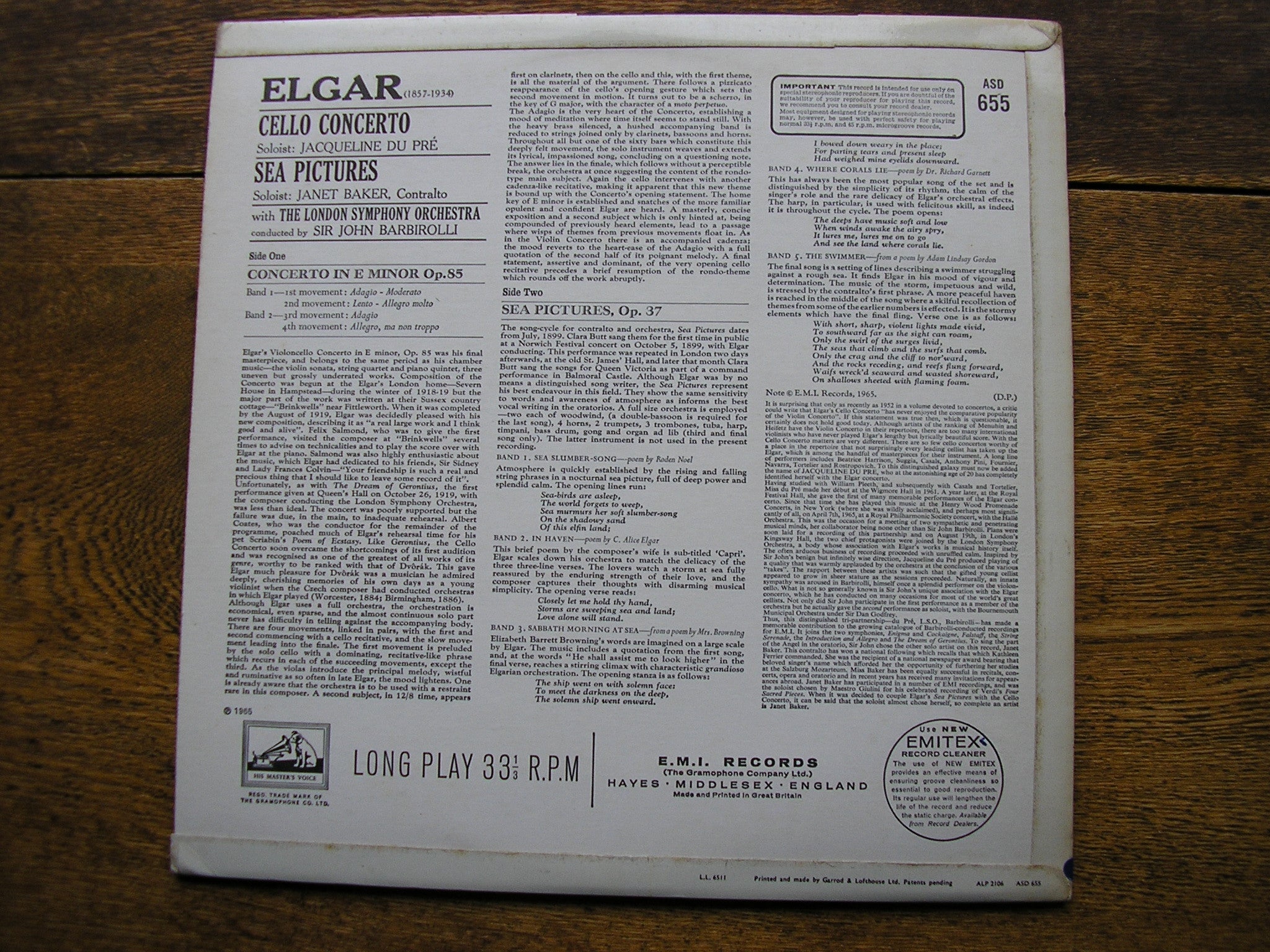 ELGAR: CELLO CONCERTO / SEA PICTURES   DU PRE / BAKER / LONDON SYMPHONY / BARBIROLLI   ASD 655