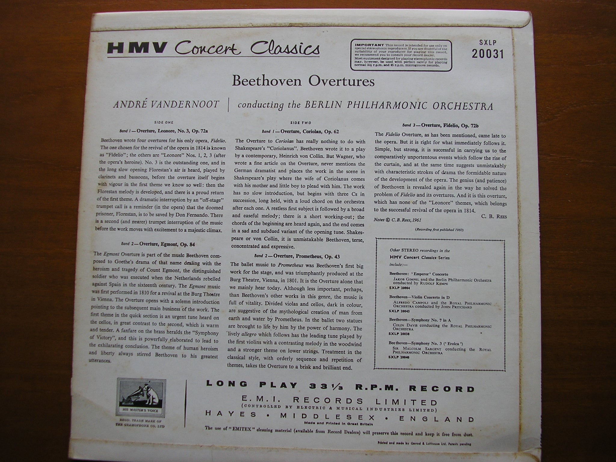 SXLP 20031 BEETHOVEN: FIVE OVERTURES VANDERNOOT / BERLIN PHILHARMONIC