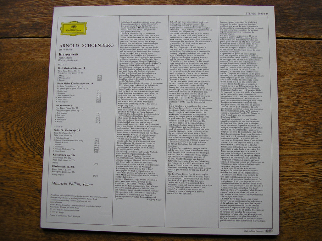 SCHOENBERG: THE PIANO MUSIC    MAURIZIO POLLINI   2530 531