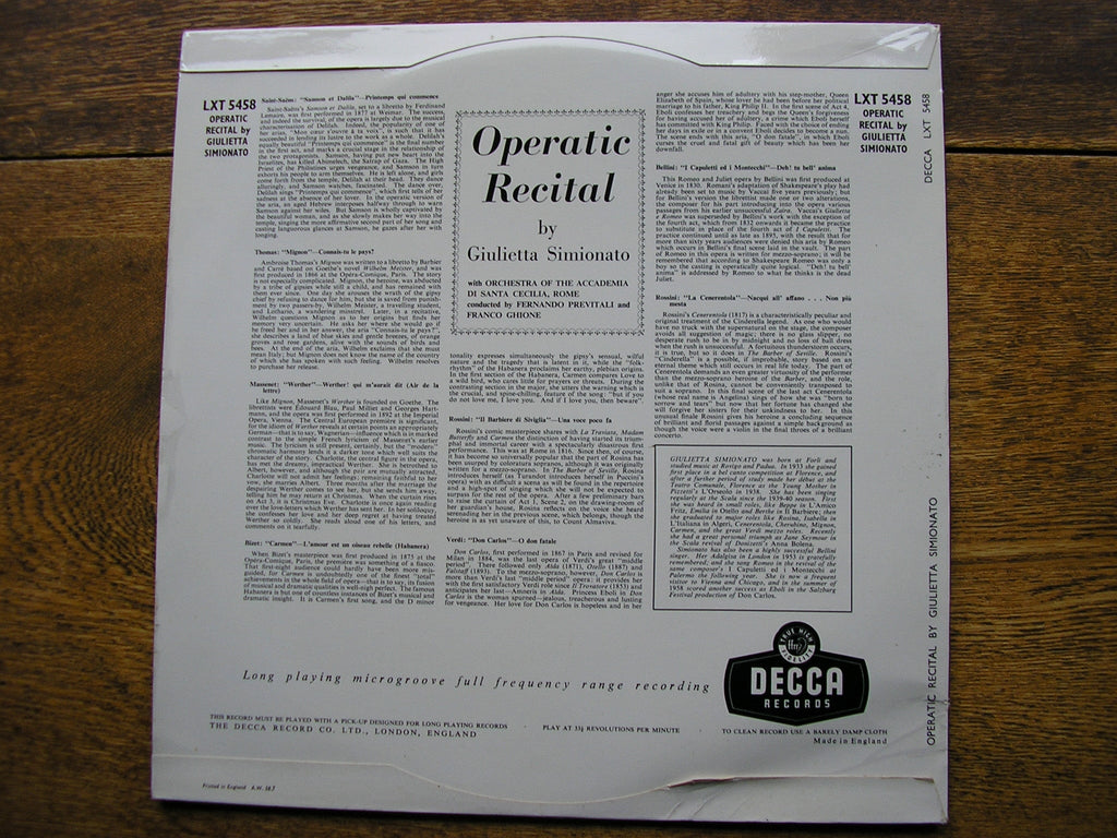OPERATIC RECITAL: VERDI / BIZET / ROSSINI / MASSENET / BELLINI / THOMAS   GIULIETTA SIMIONATO   LXT 5458