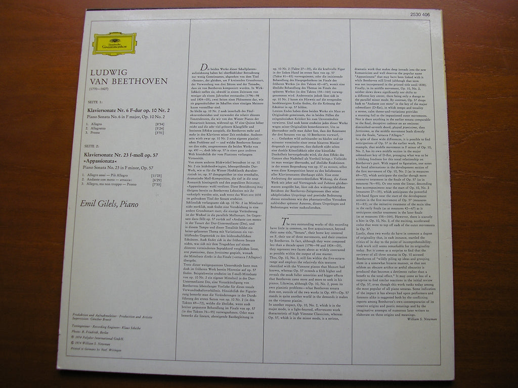 BEETHOVEN: PIANO SONATAS Nos. 6 & 23 'Appassionata'       EMIL GILELS      2530 406