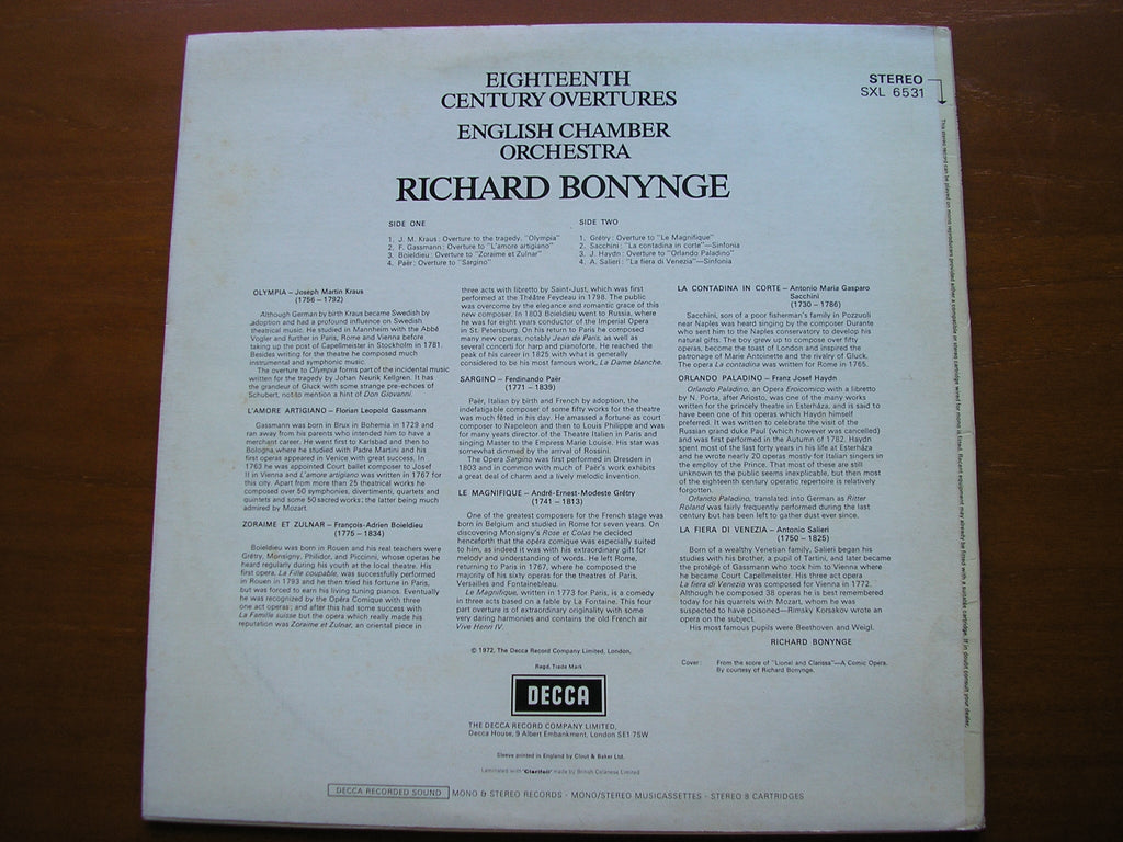 SXL 6531 18th CENTURY OVERTURES RICHARD BONYNGE / ENGLISH CHAMBER ORCHESTRA