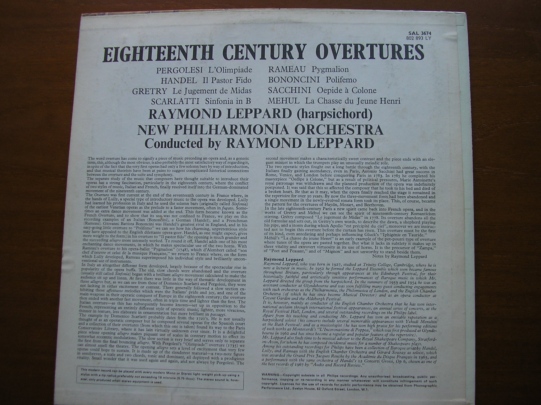 18th CENTURY OVERTURES      LEPPARD / NEW PHILHARMONIA    SAL 3674