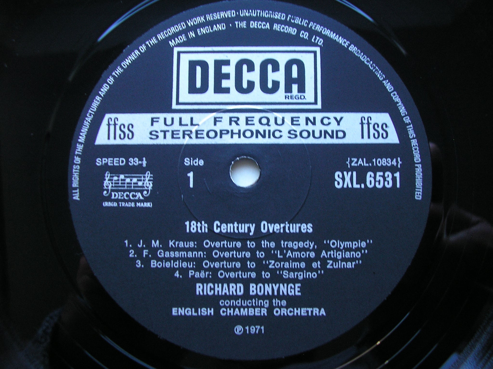 SXL 6531 18th CENTURY OVERTURES RICHARD BONYNGE / ENGLISH CHAMBER ORCHESTRA
