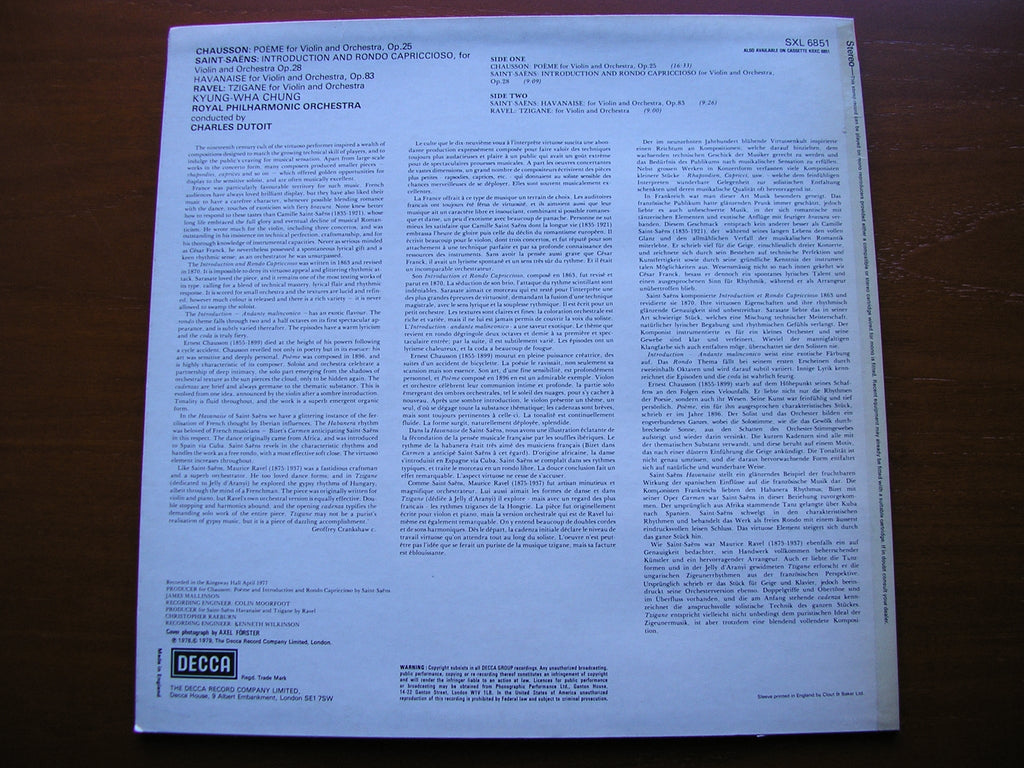 SXL 6851 CHAUSSON: POEME / SAINT-SAENS: INTRODUCTION & RONDO / HAVANAISE / RAVEL: TZIGANE CHUNG / ROYAL PHILHARMONIC / DUTOIT