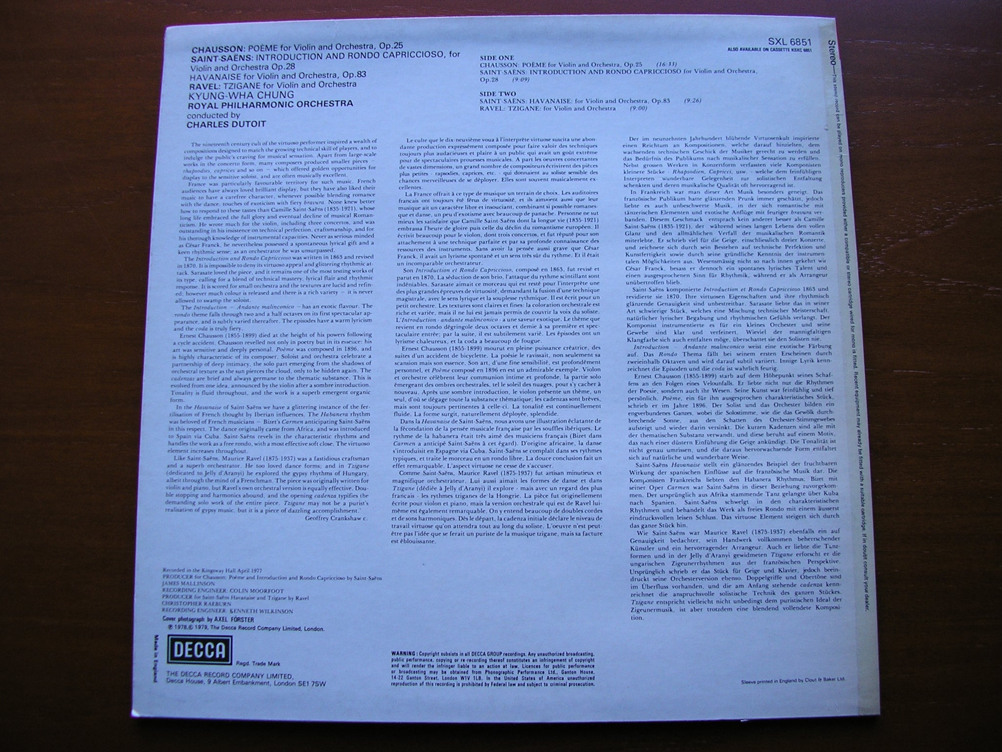 SXL 6851 CHAUSSON: POEME / SAINT-SAENS: INTRODUCTION & RONDO / HAVANAISE / RAVEL: TZIGANE CHUNG / ROYAL PHILHARMONIC / DUTOIT