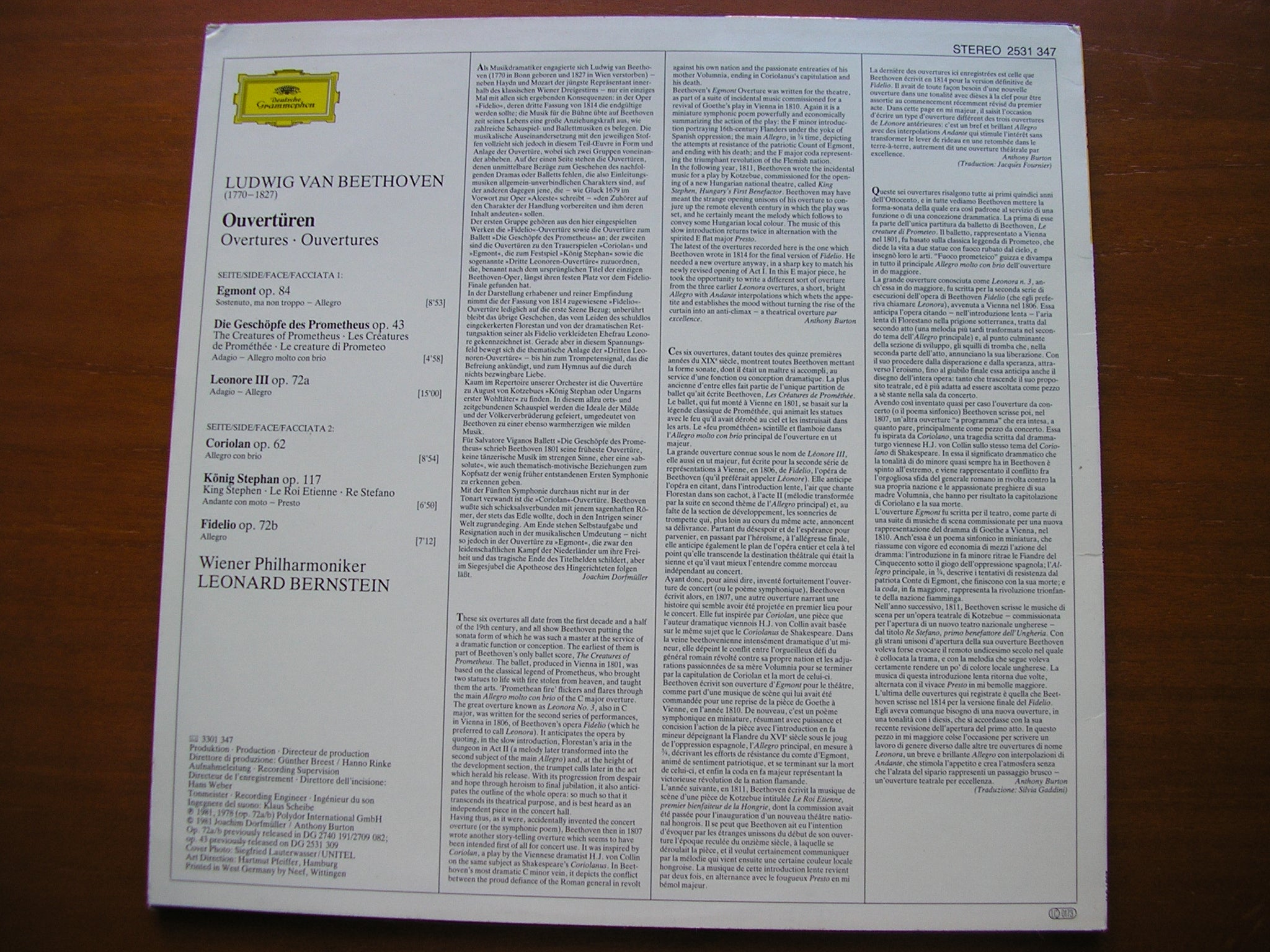 BEETHOVEN: SIX OVERTURES      BERNSTEIN / VIENNA PHILHARMONIC     2531 347