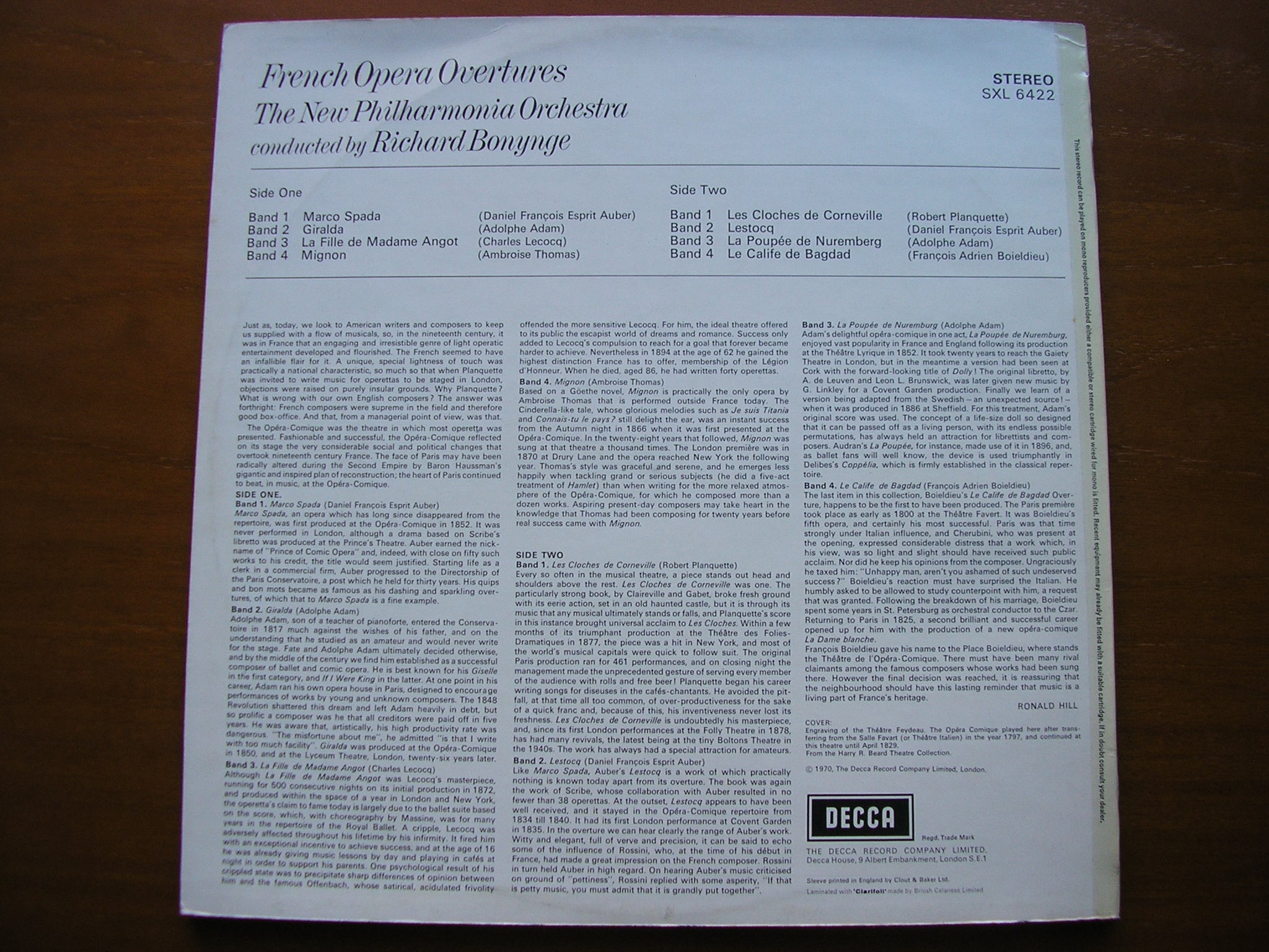 SXL 6422 FRENCH OPERA OVERTURES: ADAM / AUBER / BOIELDIEU / THOMAS / PLANQUETTE / LECOCQ BONYNGE / NEW PHILHARMONIA