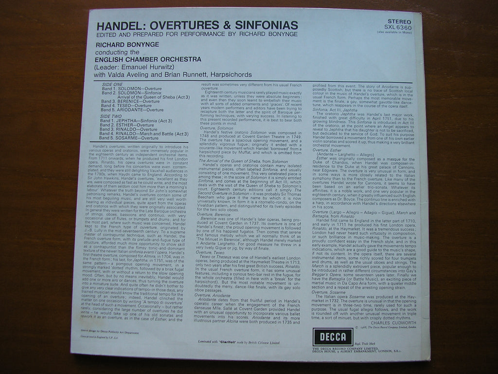SXL 6360 HANDEL: OVERTURES & SINFONIAS BONYNGE / ENGLISH CHAMBER ORCHESTRA