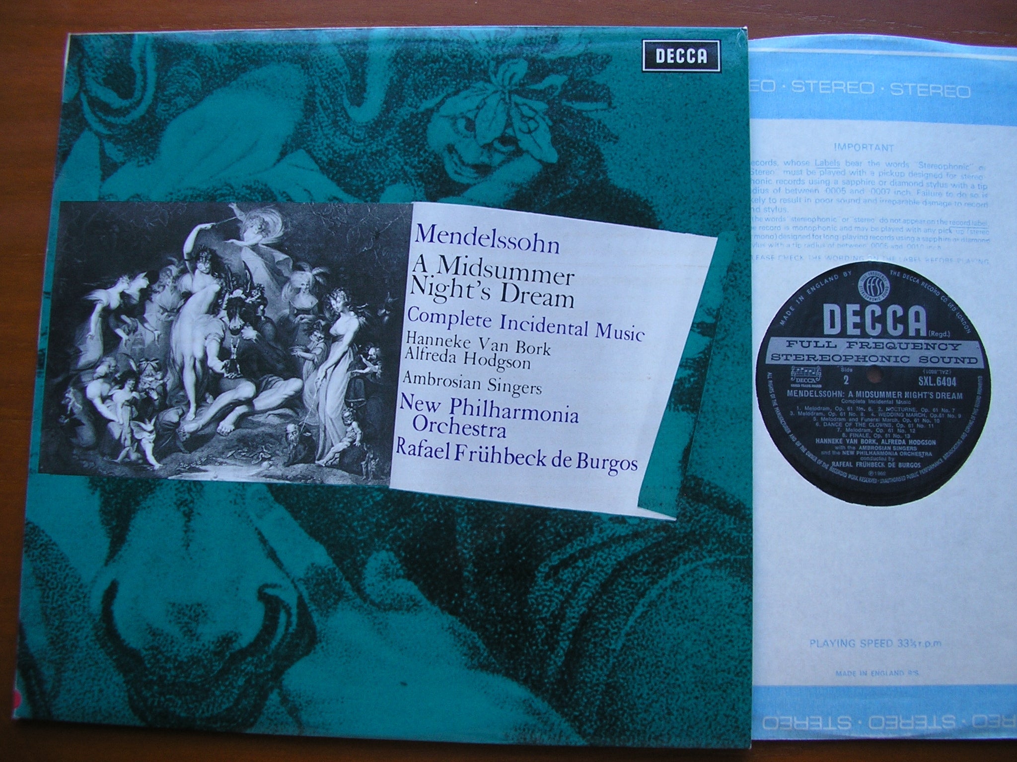 SXL 6404 MENDELSSOHN: A MIDSUMMER NIGHT'S DREAM SOLOISTS / NEW PHILHARMONIA / DE BURGOS