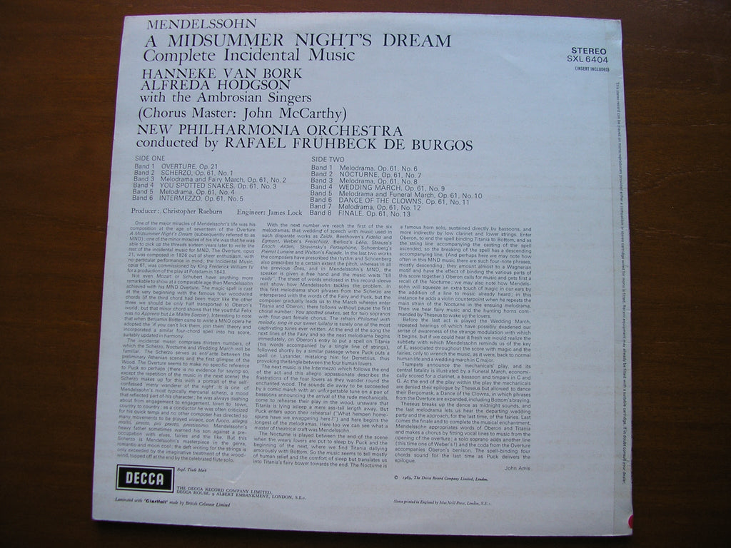 SXL 6404 MENDELSSOHN: A MIDSUMMER NIGHT'S DREAM SOLOISTS / NEW PHILHARMONIA / DE BURGOS