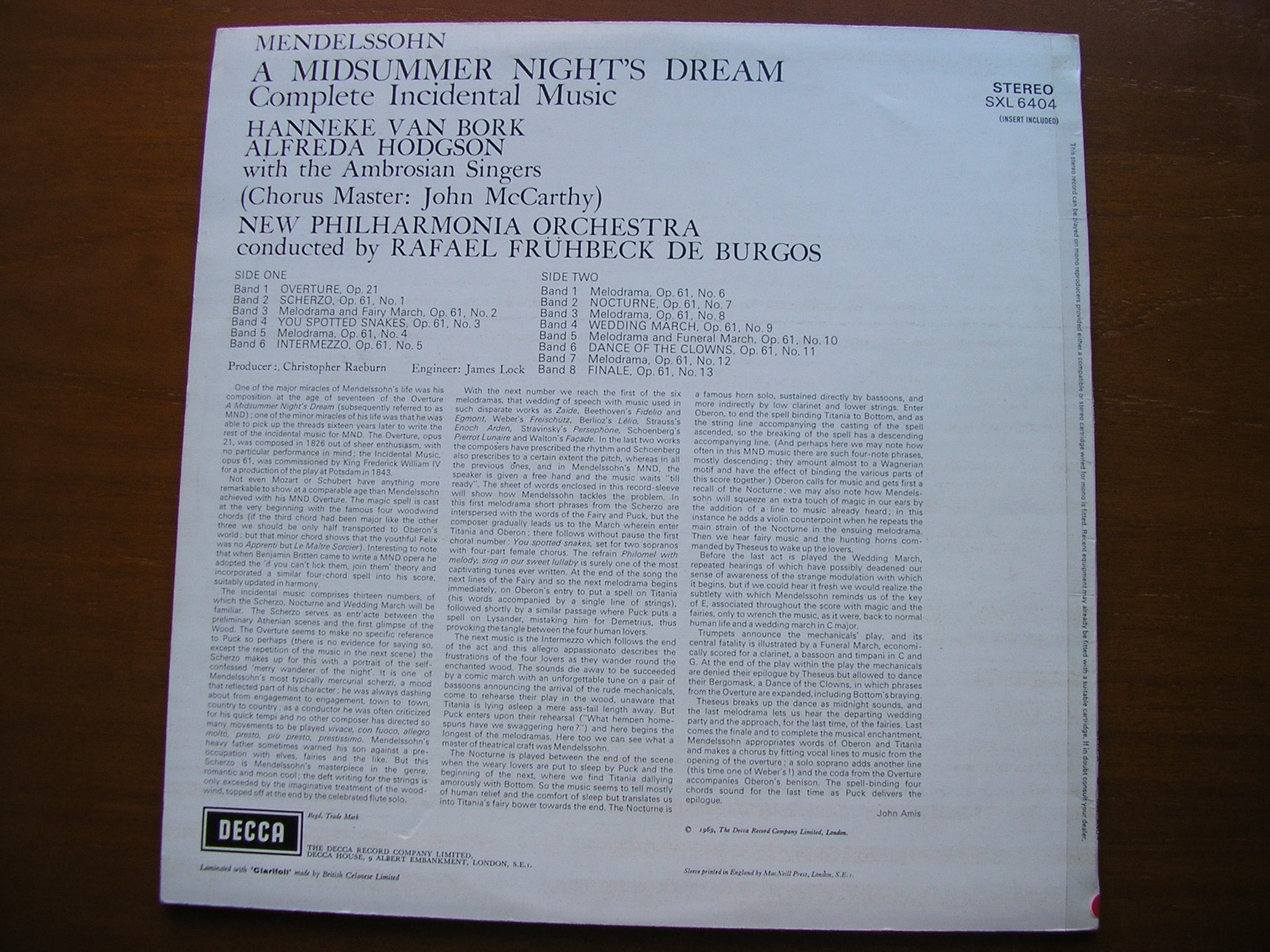 SXL 6404 MENDELSSOHN: A MIDSUMMER NIGHT'S DREAM SOLOISTS / NEW PHILHARMONIA / DE BURGOS