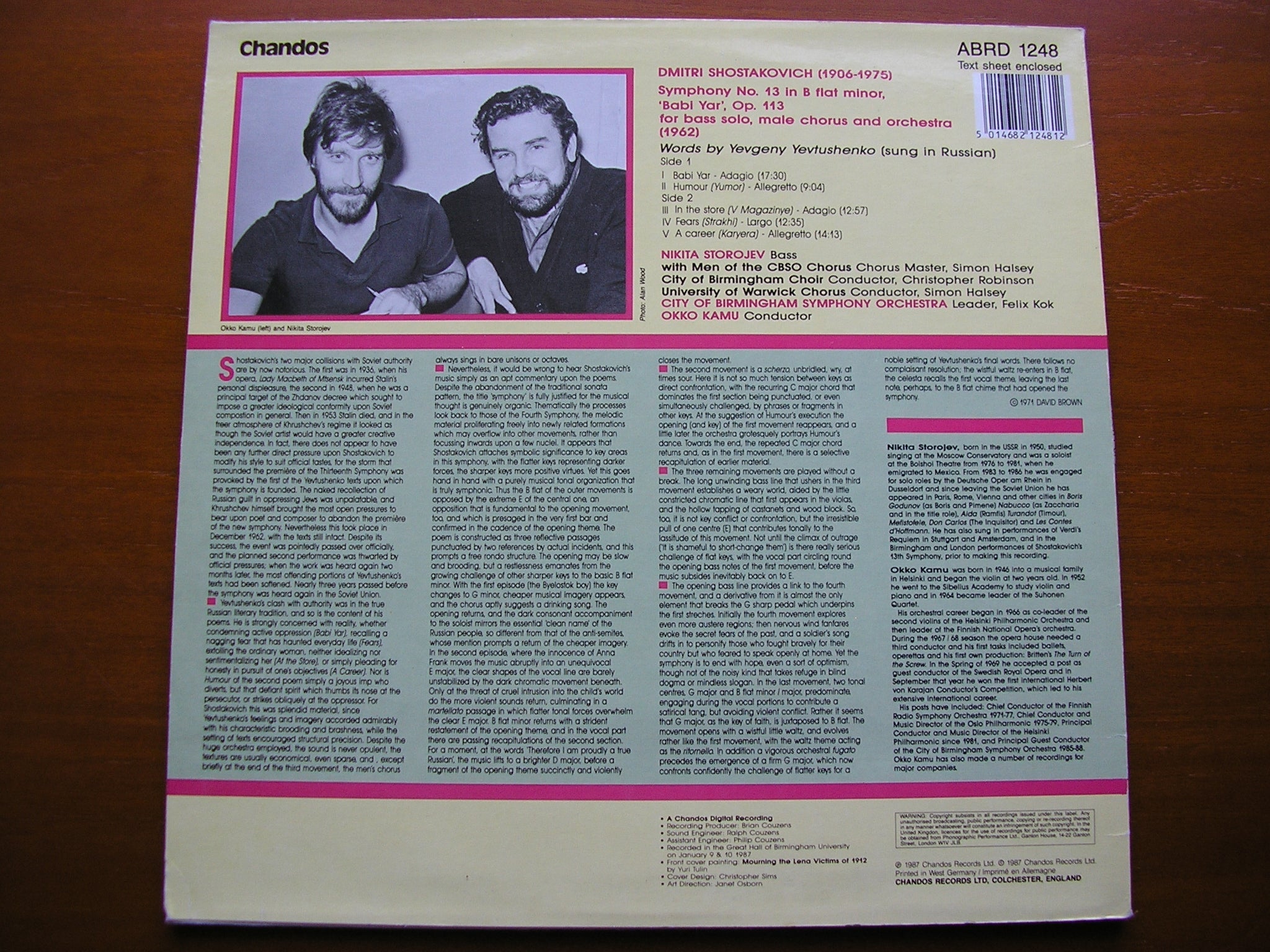SHOSTAKOVICH: SYMPHONY No. 13 'Babi Yar'    STOROJEV / CITY OF BIRMINGHAM SYMPHONY / KAMU    ABRD 1248