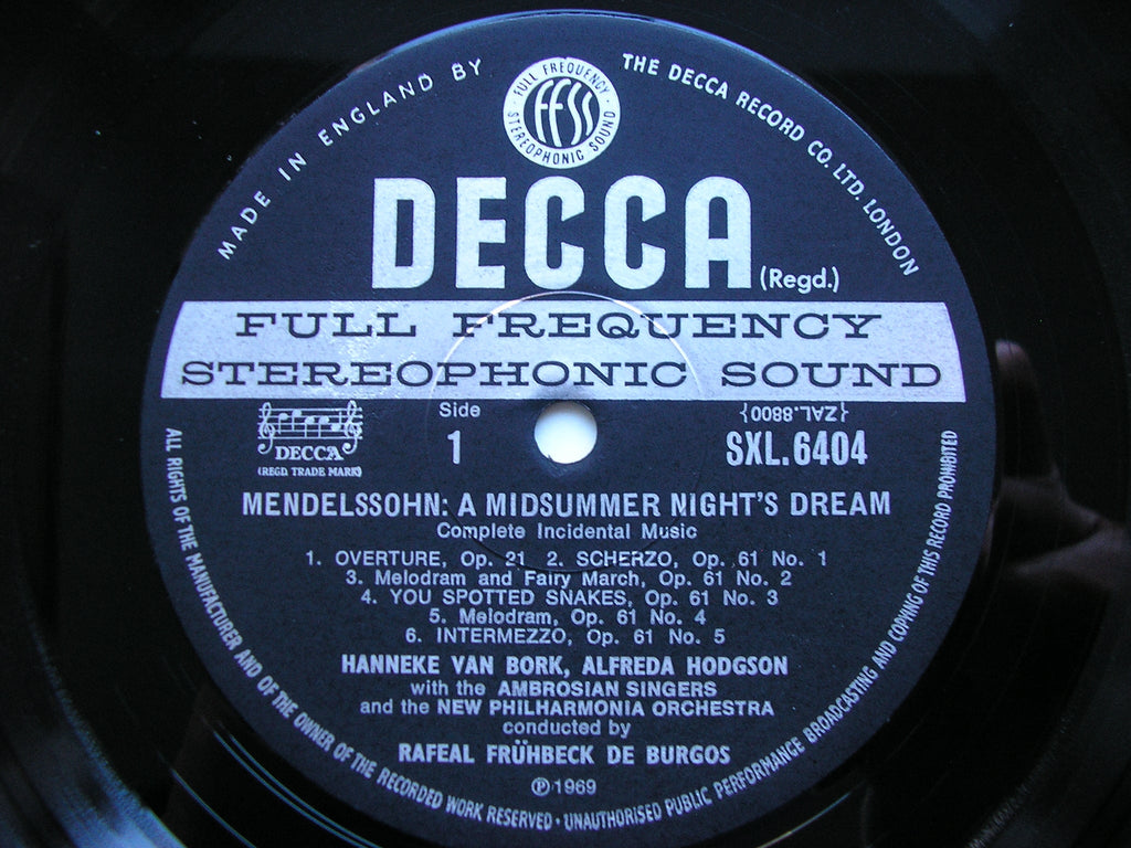 SXL 6404 MENDELSSOHN: A MIDSUMMER NIGHT'S DREAM SOLOISTS / NEW PHILHARMONIA / DE BURGOS