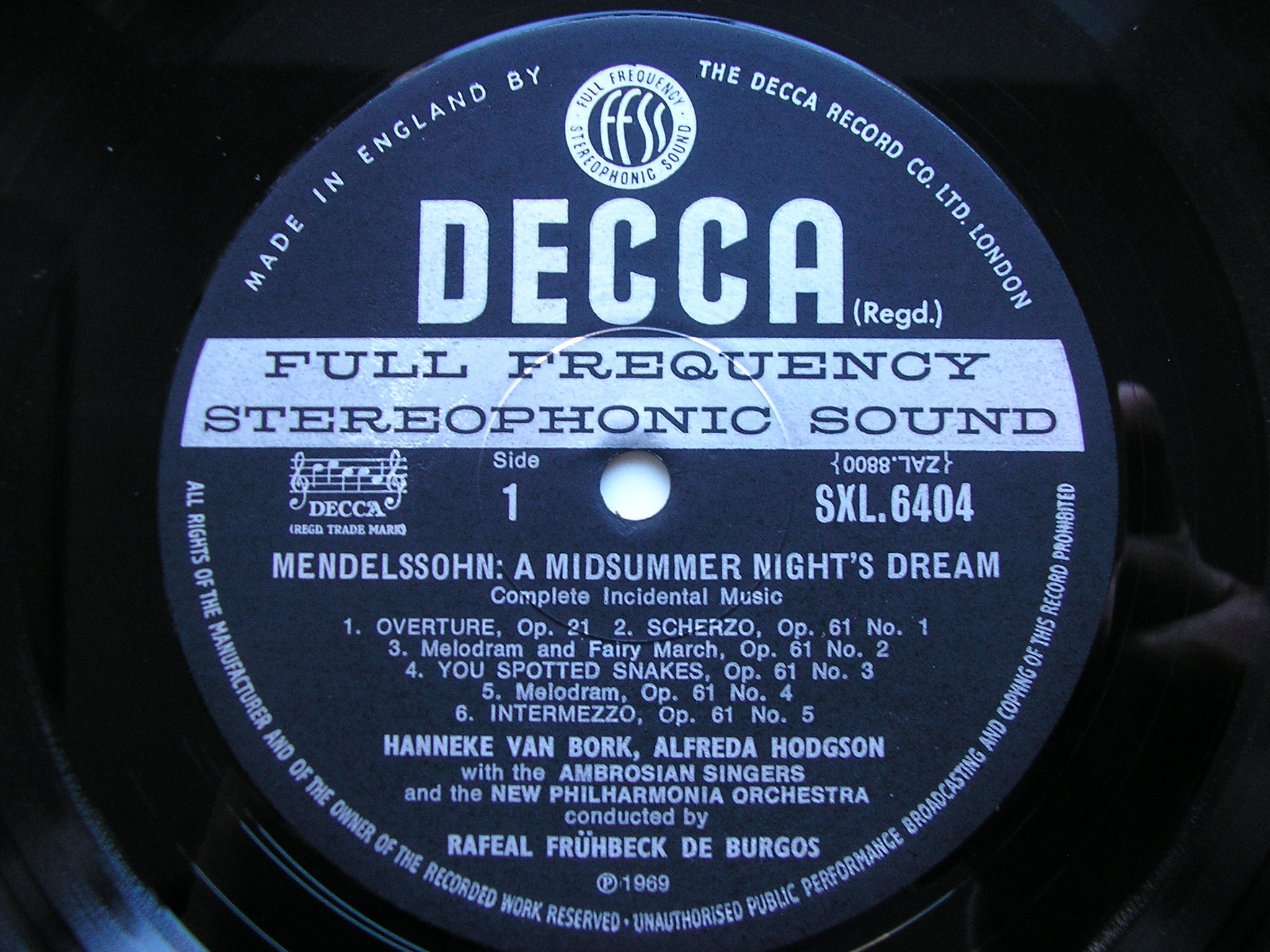 SXL 6404 MENDELSSOHN: A MIDSUMMER NIGHT'S DREAM SOLOISTS / NEW PHILHARMONIA / DE BURGOS