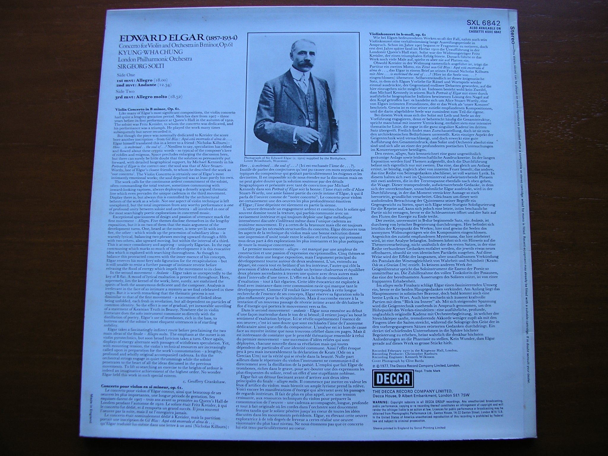SXL 6842 ELGAR: VIOLIN CONCERTO CHUNG / LONDON PHILHARMONIC / SOLTI