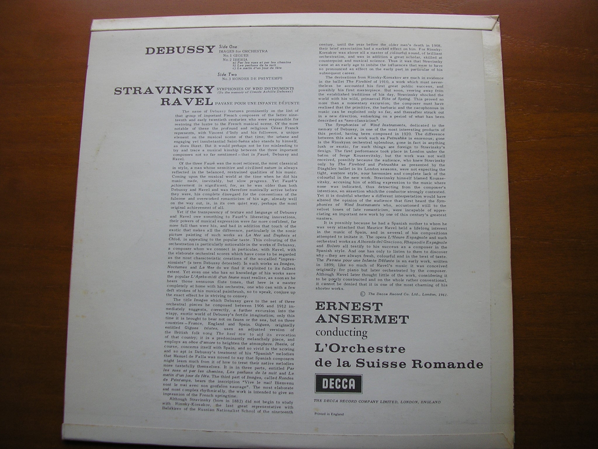 SXL 2287 DEBUSSY: IMAGES / STRAVINSKY: SYMPHONIES OF WIND INSTRUMENTS / RAVEL: PAVANE ANSERMET / SUISSE ROMANDE