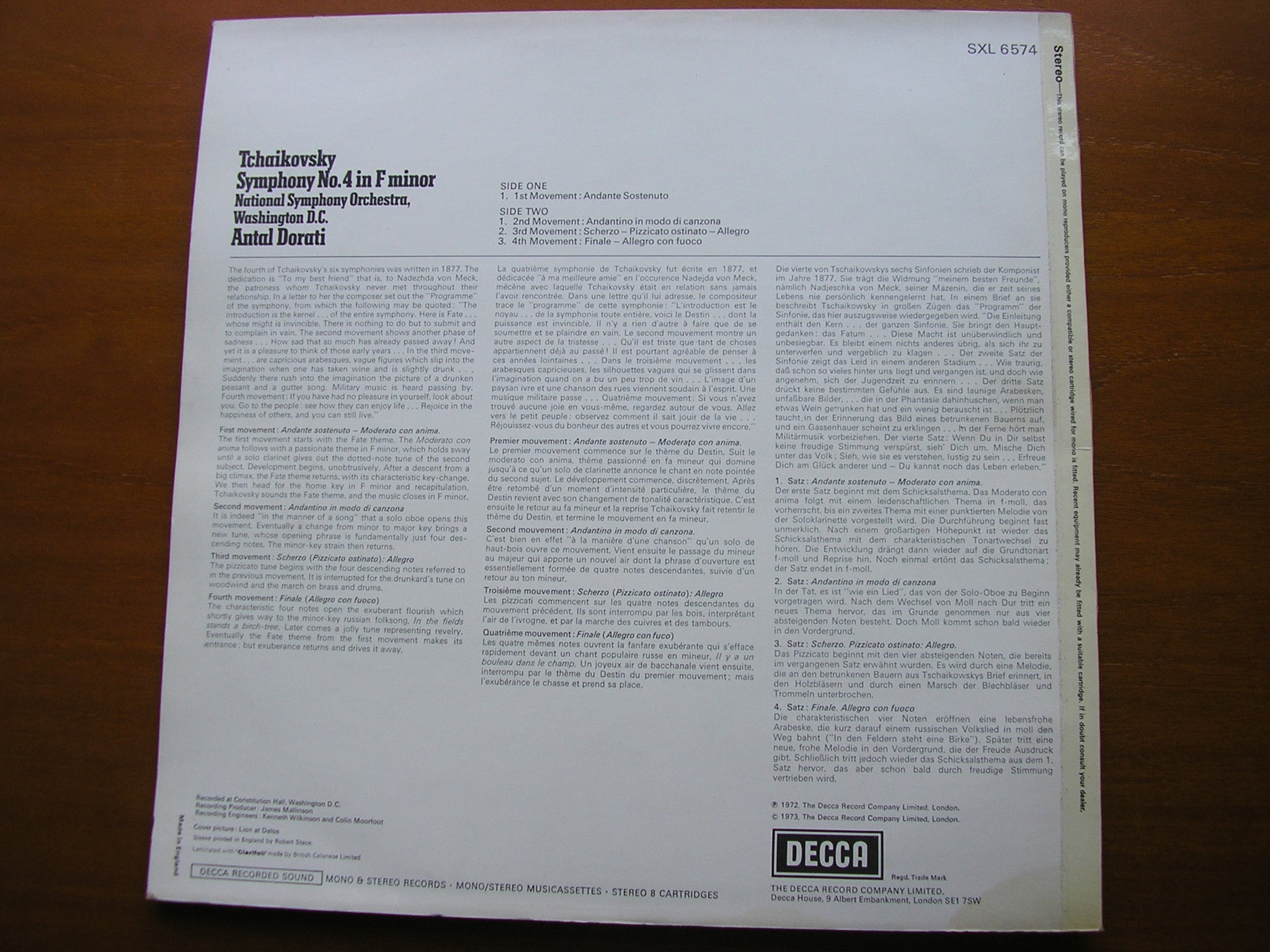 SXL 6574 TCHAIKOVSKY: SYMPHONY No. 4 ANTAL DORATI / NATIONAL SYMPHONY ORCHESTRA WASHINGTON DC