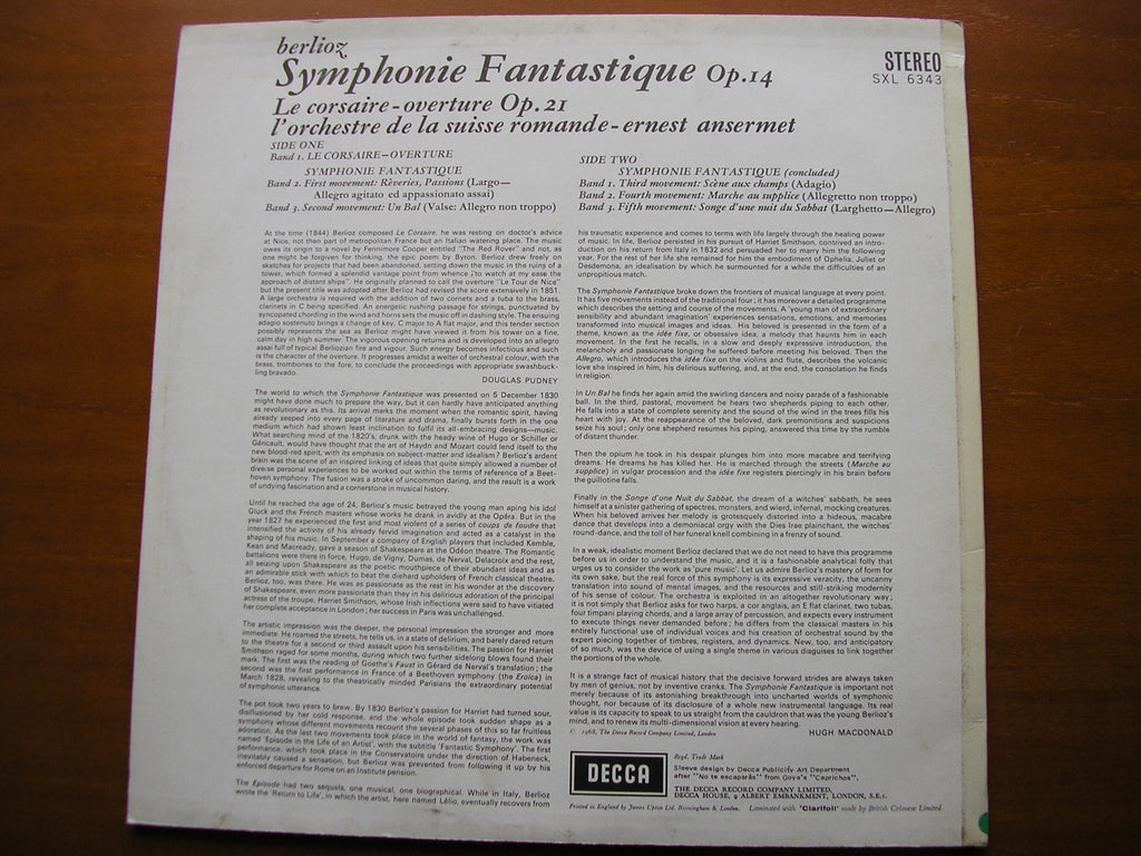 SXL 6343 BERLIOZ: SYMPHONIE FANTASTIQUE / OVERTURE Le Corsaire ANSERMET / SUISSE ROMANDE