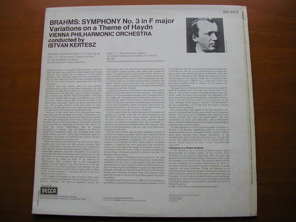 SXL 6677 BRAHMS: SYMPHONY No. 3 / HAYDN VARIATIONS KERTESZ / VIENNA PHILHARMONIC
